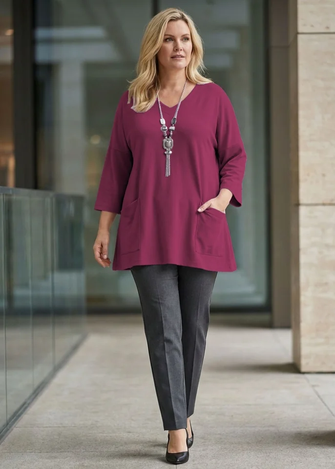 Plus Size Cotton Jersey Loose V-Neck Top With Pockets