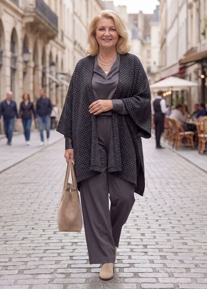 Textured Knit Poncho with Asymmetric Hem