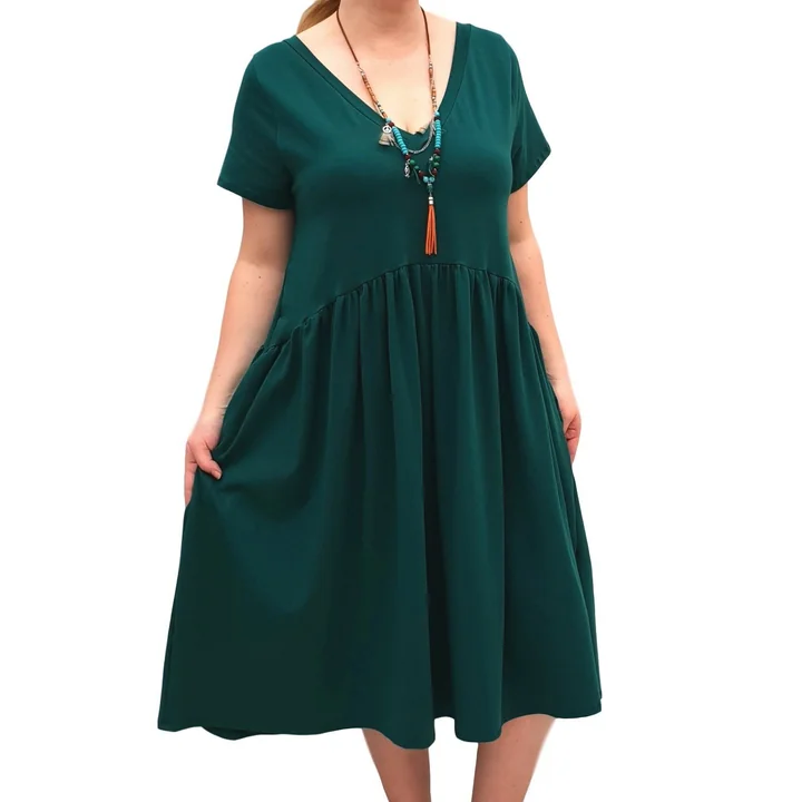 Plus Size Dresses Green V-Neck Swing Dress Baggy Jersey L1058_GREEN