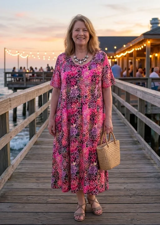 plus size jersey swing dress JOHNNY WAS Plus Size The Janie Favorite Avelar Mixed Print Crew Neck Elbow Sleeve Swing Dress