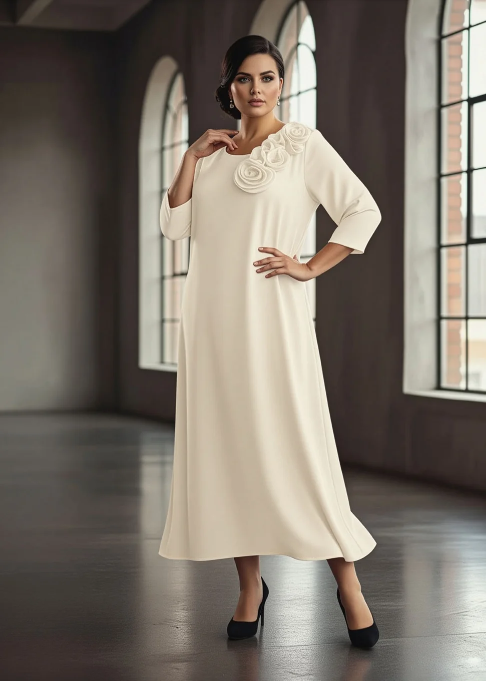 Elegant Swing Dress with Floral Appliqué