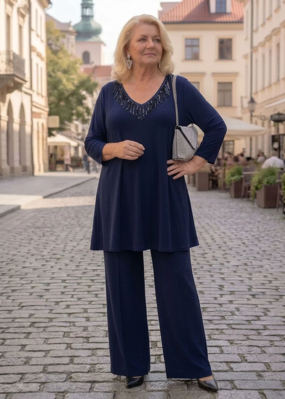 Smart Embellished Stretchy Swing V-Neck Black Long Top Tunic 3/4 Sleeve 